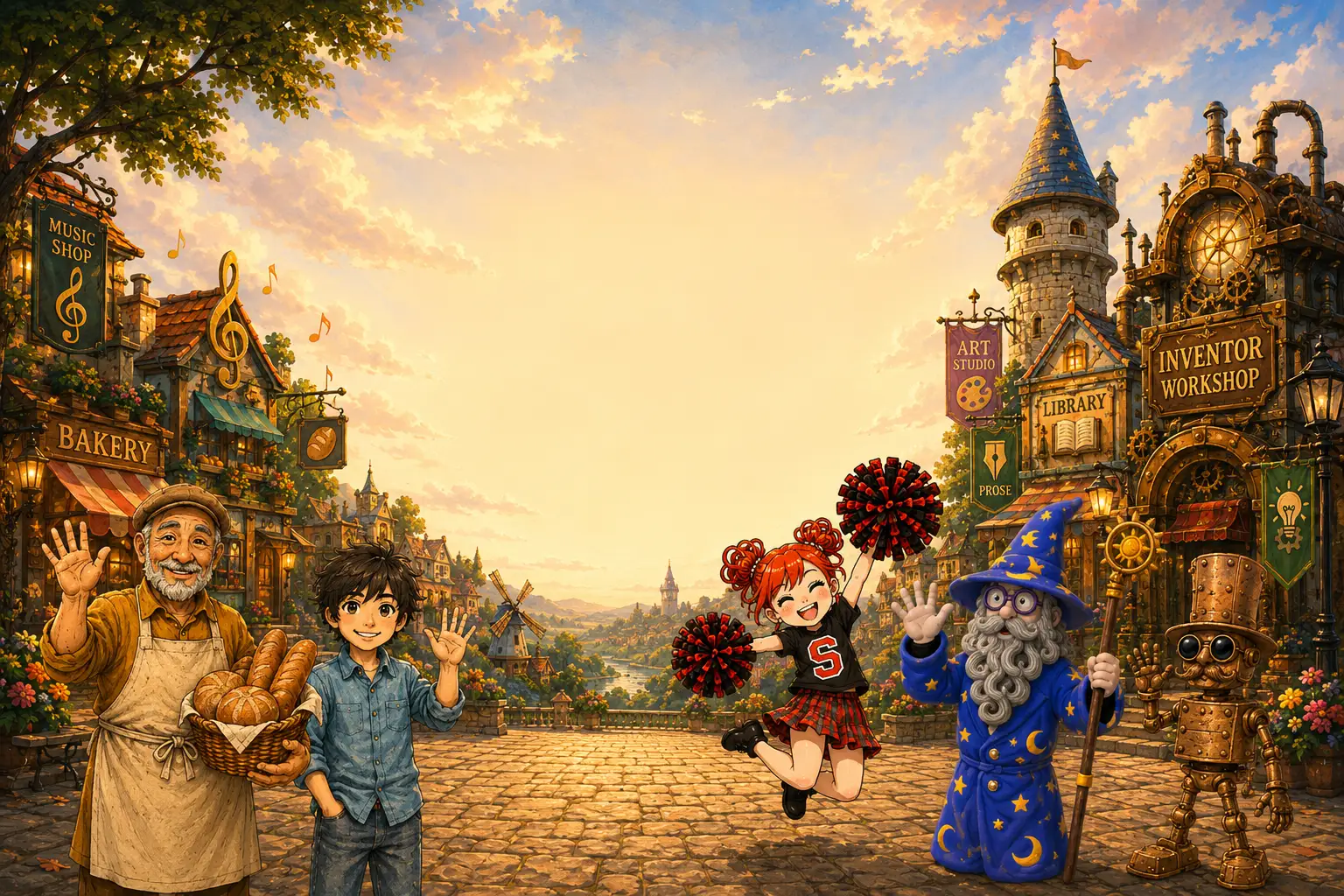 The songShine cast — the Baker, the Boy, Scarlett, the Wizard, and Automavoz — waving from the sunlit town square outside the Bakery, Music Shop, Art Studio, Library, and Inventor Workshop