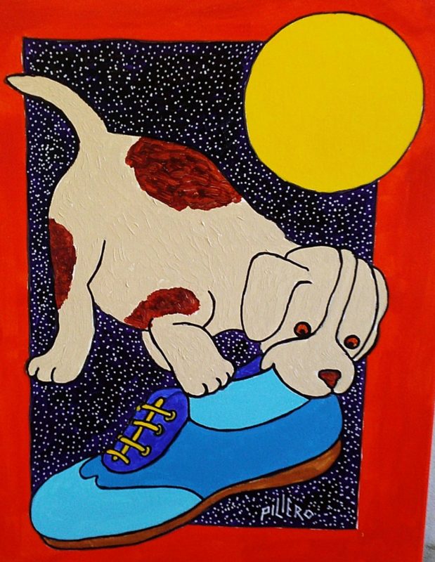 A painting of a white and brown puppy playfully chewing on a large blue shoe against a starry night background.