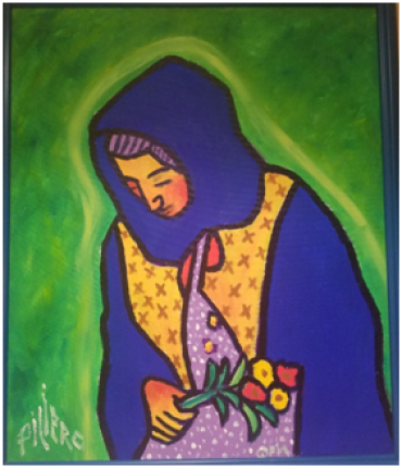 A painting of a woman with a blue head covering looking down sorrowfully at a bouquet of flowers in her hands.