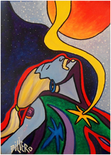 A stylized painting of a figure looking up toward a celestial light, representing a tribute to the artist's late brother, Neil.