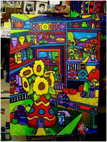 A vibrant, semi-abstract painting of a kitchen scene with large yellow sunflowers in a red vase, colorful shelves, and a window view.